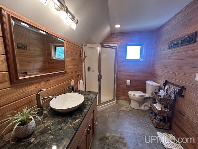 21988 E Everett Ave, Grand Marais, MI 49839 - full bath with wooden walls, vanity, vaulted ceiling, and a stall shower