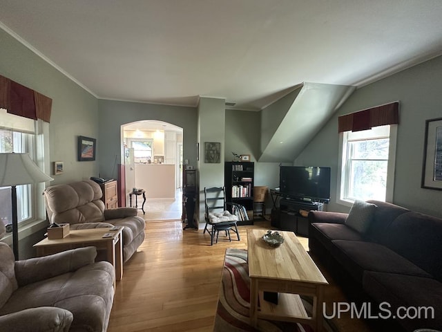21988 E Everett Ave, Grand Marais, MI 49839 - living area with arched walkways, healthy amount of natural light, light wood finished floors, and crown molding