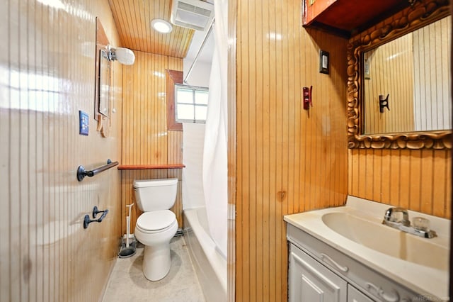9970 Sedlock Ave, White Lake, MI 48386 - full bath featuring vanity, wood walls, and shower / bath combo with shower curtain