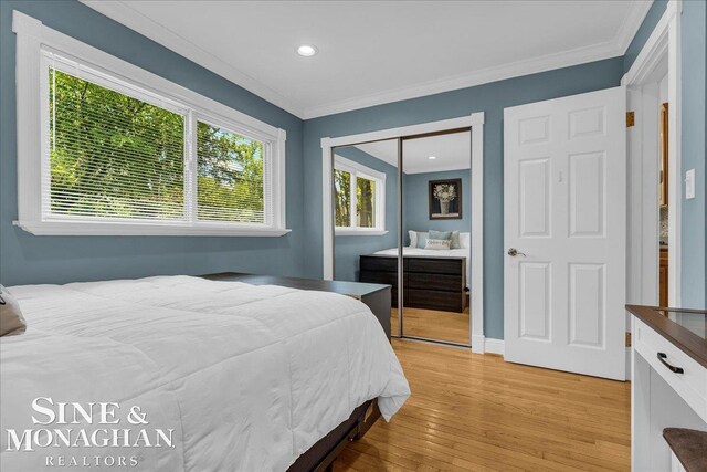 1076 Kelley St, Troy, MI 48083 - bedroom featuring crown molding, light wood finished floors, recessed lighting, and a closet