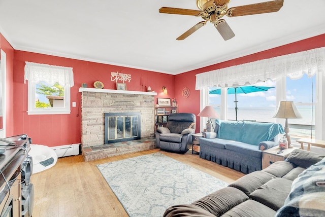8941 Lakeshore Rd, Lexington, MI 48450 - living area with baseboard heating, healthy amount of natural light, wood finished floors, ceiling fan, and crown molding