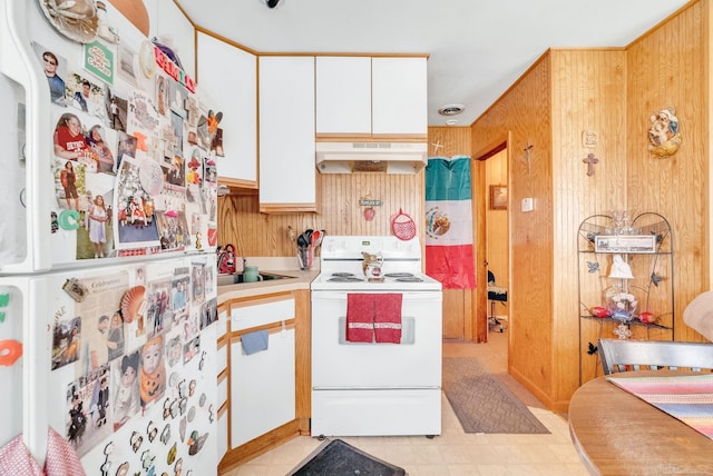 8941 Lakeshore Rd, Lexington, MI 48450 - kitchen featuring white appliances, under cabinet range hood, wooden walls, light countertops, and white cabinetry