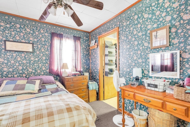 8941 Lakeshore Rd, Lexington, MI 48450 - bedroom with crown molding, carpet, wallpapered walls, ceiling fan, and a closet