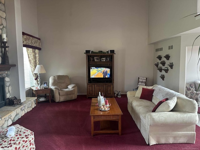 48274 Prestwyck Rd, Macomb, MI 48044 - carpeted living area with a towering ceiling and a fireplace