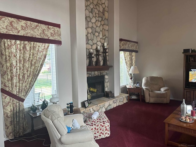 48274 Prestwyck Rd, Macomb, MI 48044 - carpeted living room featuring a stone fireplace