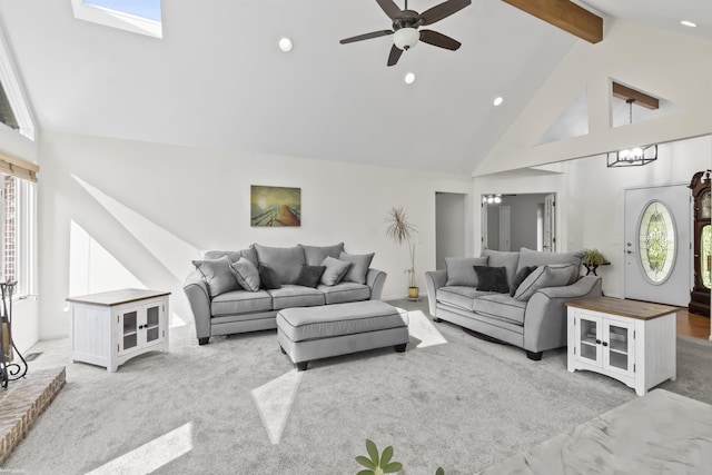 6767 Puttygut Rd, East China, MI 48054 - carpeted living room with high vaulted ceiling, beamed ceiling, recessed lighting, ceiling fan, and a chandelier