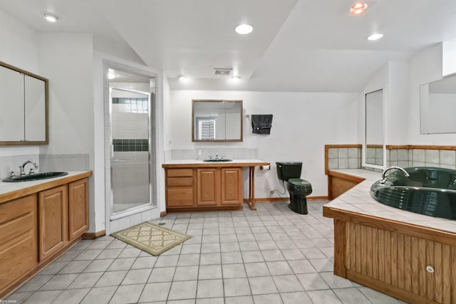 6767 Puttygut Rd, East China, MI 48054 - full bath featuring a shower stall, two vanities, lofted ceiling, and tile patterned floors