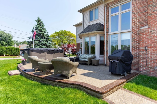 31595 N River Rd, Harrison Twp, MI 48045 - view of patio with a grill, an outdoor living space, and a hot tub
