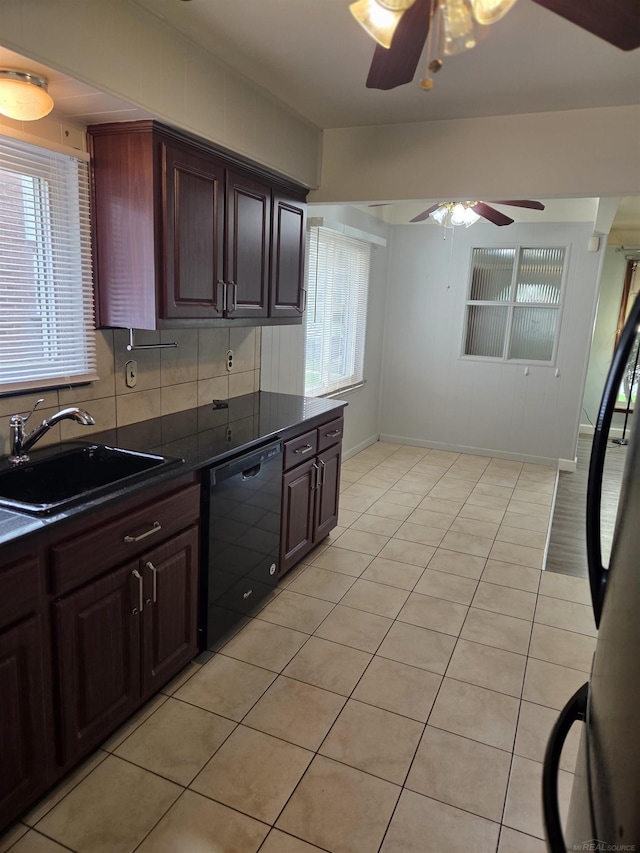 23018 Englehardt Cmn, Saint Clair Shores, MI 48080 - kitchen with dishwasher, dark countertops, a ceiling fan, light tile patterned floors, and backsplash
