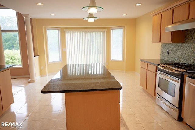 21832 Preserve Ct, Macomb Twp, MI 48042 - kitchen featuring ornate columns, tasteful backsplash, under cabinet range hood, stainless steel appliances, and light tile patterned flooring