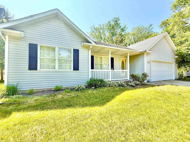 1248 S Hemlock Rd, Hemlock, MI 48626 - ranch-style house featuring covered porch, a garage, a front yard, and driveway