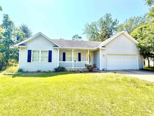 1248 S Hemlock Rd, Hemlock, MI 48626 - ranch-style house with a porch, a garage, driveway, and a front yard