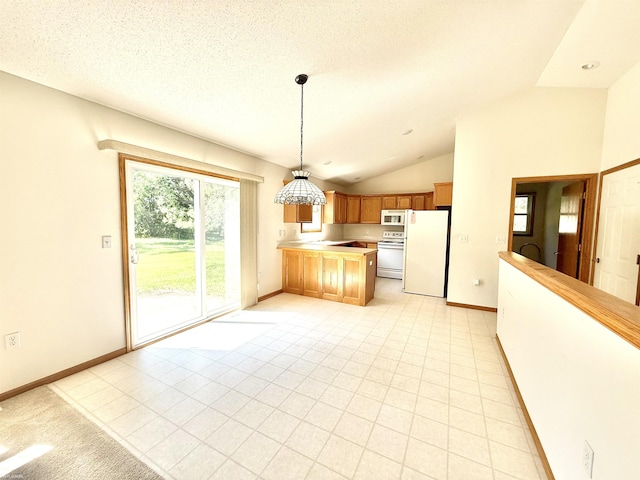 1248 S Hemlock Rd, Hemlock, MI 48626 - kitchen featuring white appliances, light countertops, brown cabinetry, lofted ceiling, and hanging light fixtures