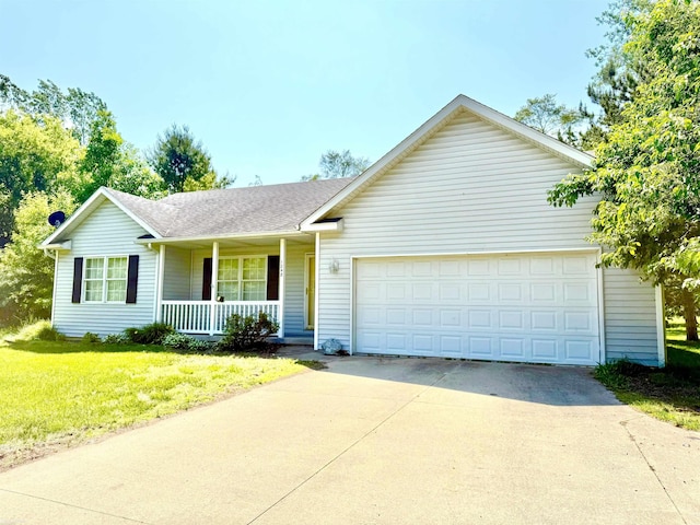 1248 S Hemlock Rd, Hemlock, MI 48626 - ranch-style house featuring a porch, a front lawn, an attached garage, and concrete driveway