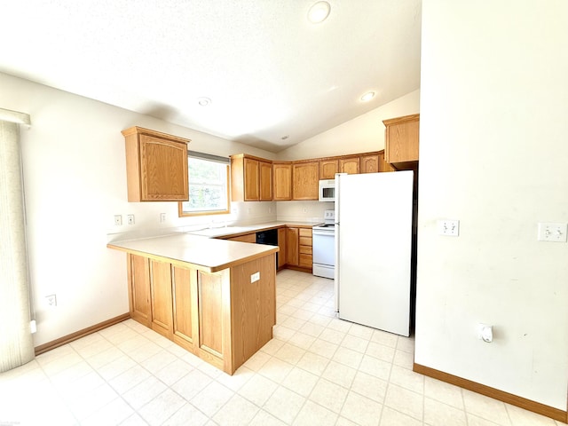 1248 S Hemlock Rd, Hemlock, MI 48626 - kitchen with white appliances, a peninsula, lofted ceiling, light countertops, and recessed lighting