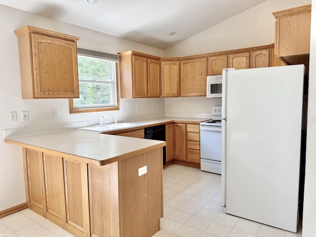 1248 S Hemlock Rd, Hemlock, MI 48626 - kitchen featuring white appliances, a peninsula, lofted ceiling, and light countertops