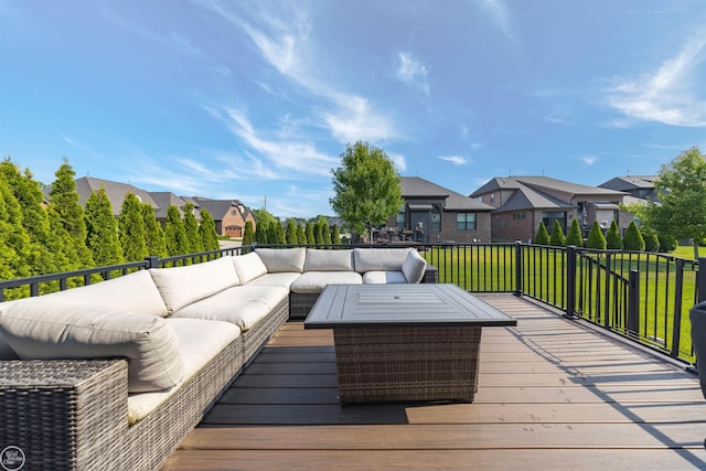 53081 Enclave Cir, Shelby Twp, MI 48315 - wooden terrace featuring an outdoor living space, a residential view, and a yard
