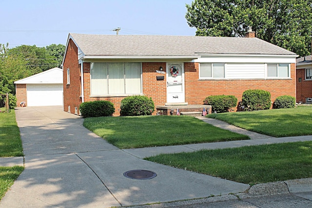 24849 Curie St, Warren, MI 48091 - ranch-style house featuring brick siding, an outdoor structure, a detached garage, and a front yard