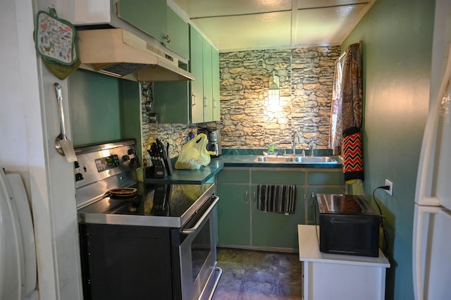 423 W Railway St, Coleman, MI 48618 - kitchen featuring stainless steel range with electric stovetop, green cabinets, and under cabinet range hood