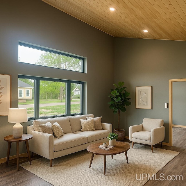 227 W Birch St, Ironwood, MI 49938 - living area featuring high vaulted ceiling, wood ceiling, recessed lighting, and wood finished floors