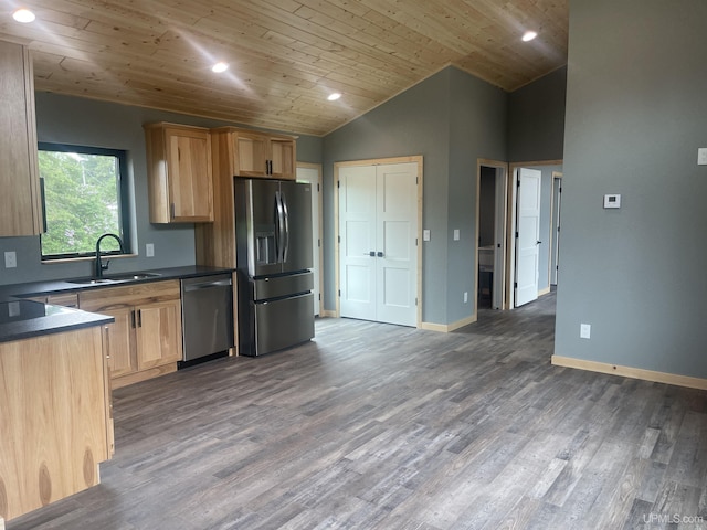 227 W Birch St, Ironwood, MI 49938 - kitchen with stainless steel appliances, dark countertops, wood ceiling, wood finished floors, and lofted ceiling