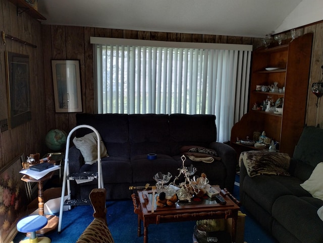 11131 Kaylynn Dr, Lake, MI 48632 - carpeted living area with wooden walls and lofted ceiling