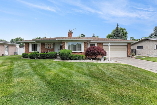 32615 Coventry Pl, Warren, MI 48093 - ranch-style house featuring brick siding, an attached garage, a chimney, driveway, and a front yard