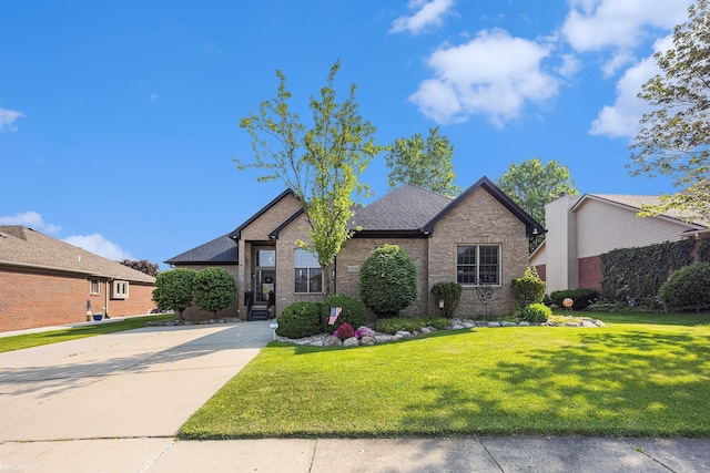53564 Grace Dr, New Baltimore, MI 48047 - traditional-style home featuring brick siding, a front lawn, a shingled roof, and concrete driveway