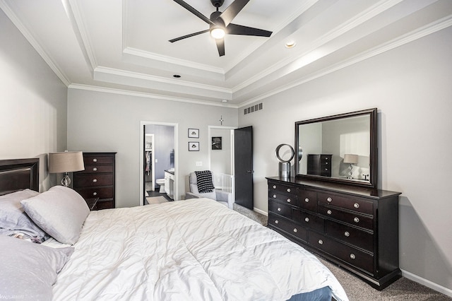 53564 Grace Dr, New Baltimore, MI 48047 - bedroom with a tray ceiling, crown molding, carpet, a ceiling fan, and ensuite bathroom
