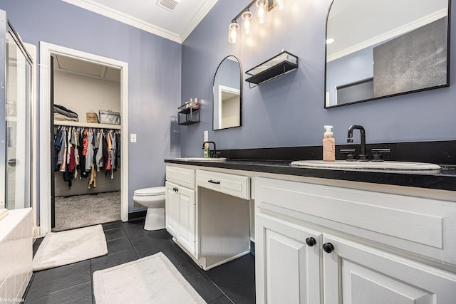 53564 Grace Dr, New Baltimore, MI 48047 - bathroom with ornamental molding, double vanity, a spacious closet, a shower with shower door, and tile patterned flooring