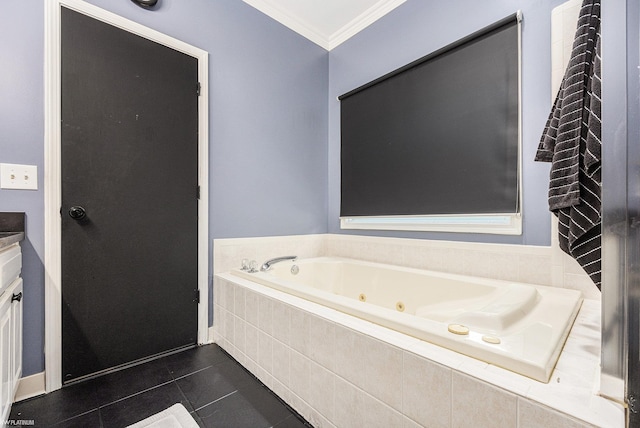 53564 Grace Dr, New Baltimore, MI 48047 - full bathroom with a tub with jets, crown molding, tile patterned flooring, and vanity