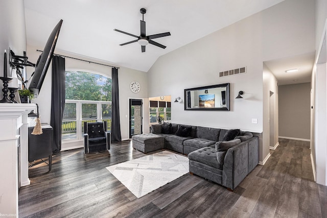 53564 Grace Dr, New Baltimore, MI 48047 - living area featuring high vaulted ceiling, wood finished floors, and ceiling fan