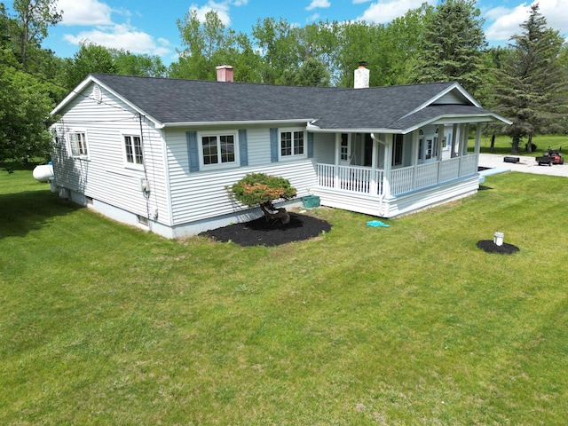 9470 Arbela Rd, Millington, MI 48746 - rear view of house featuring a porch, a chimney, a lawn, and a shingled roof