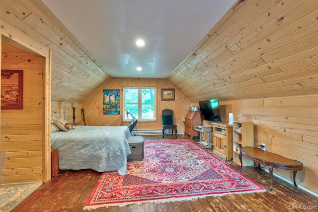 15951 Water St, Garden, MI 49835 - bedroom with wooden walls, wood-type flooring, a baseboard radiator, and lofted ceiling