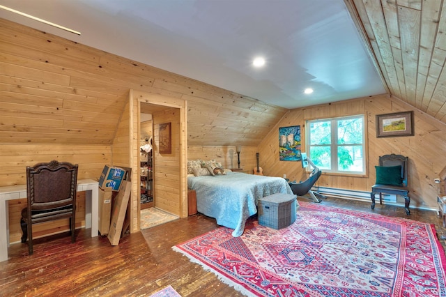 15951 Water St, Garden, MI 49835 - bedroom featuring wood walls, vaulted ceiling, dark wood-style flooring, and a baseboard heating unit
