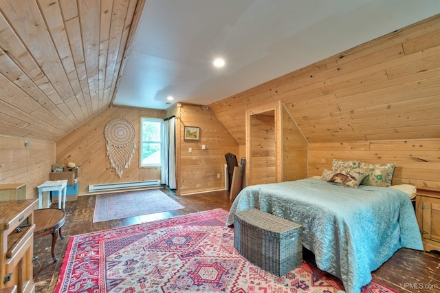 15951 Water St, Garden, MI 49835 - bedroom featuring wood walls, vaulted ceiling, a baseboard radiator, hardwood / wood-style flooring, and wooden ceiling