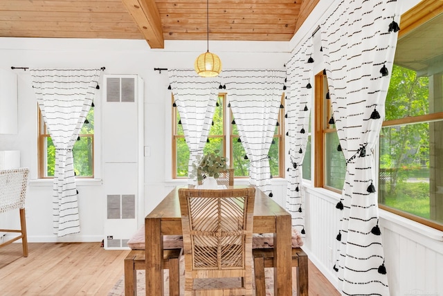 7416 Forest Rd, Lexington, MI 48450 - dining space featuring a heating unit, a wood ceiling with exposed beams, and light wood-style flooring