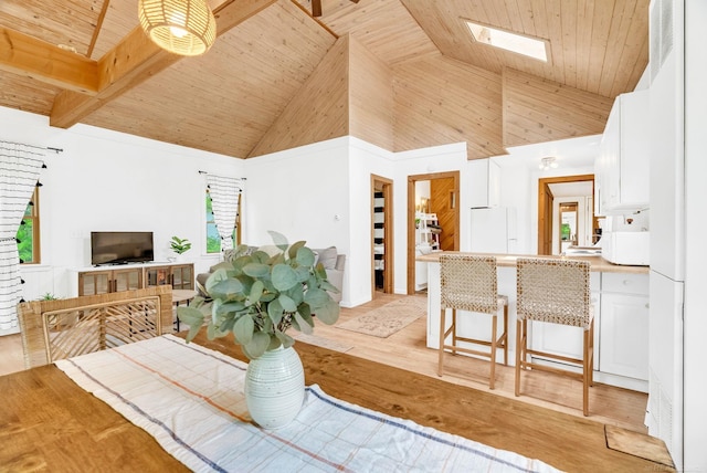 7416 Forest Rd, Lexington, MI 48450 - living area with wood ceiling, high vaulted ceiling, light wood finished floors, and a skylight