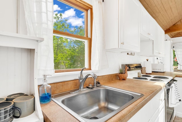 7416 Forest Rd, Lexington, MI 48450 - kitchen with white electric range, wooden ceiling, white cabinetry, and light countertops