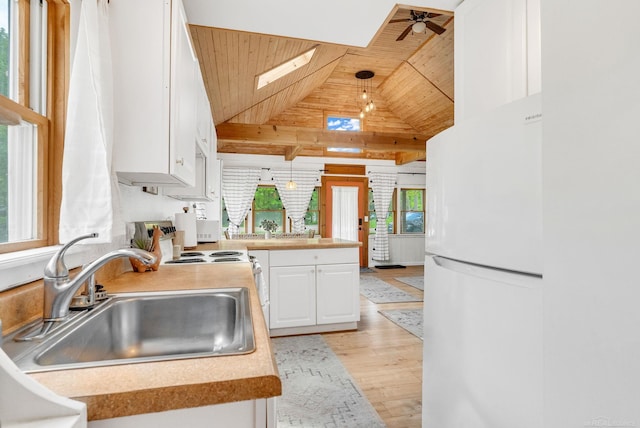 7416 Forest Rd, Lexington, MI 48450 - kitchen with wooden ceiling, white appliances, a skylight, white cabinetry, and light countertops