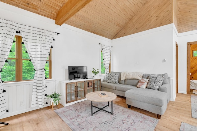 7416 Forest Rd, Lexington, MI 48450 - living area featuring a wooden ceiling with exposed beams, wood-type flooring, and high vaulted ceiling