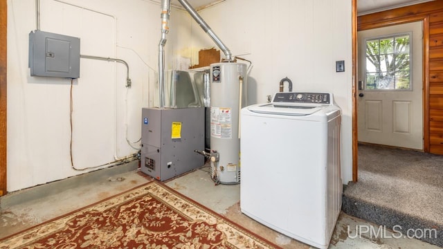 939 N 20th St, Escanaba, MI 49829 - utilities with washer / dryer, gas water heater, electric panel, and heating unit