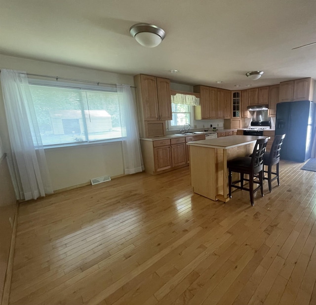 1549 N 7 Mile Rd, Sanford, MI 48657 - kitchen featuring light countertops, light wood-type flooring, a center island, glass insert cabinets, and a kitchen breakfast bar