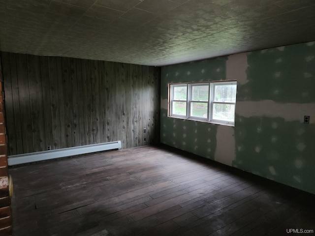 1120 Dextrom Rd, Calumet, MI 49913 - unfurnished room with baseboard heating, wood-type flooring, and wood walls