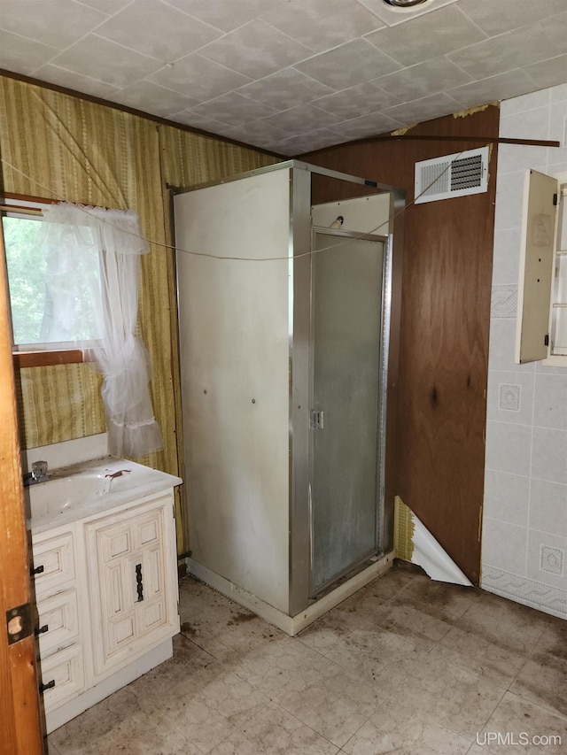 1120 Dextrom Rd, Calumet, MI 49913 - full bath with a shower stall, vanity, and wooden walls