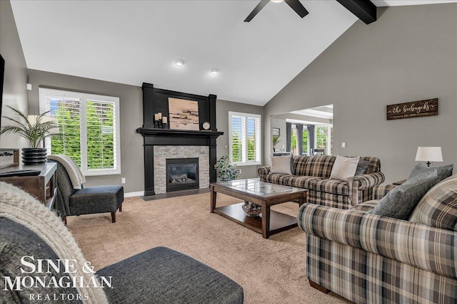 1319 S River Pointe Dr, Saint Clair, MI 48079 - living area with light carpet, a ceiling fan, beam ceiling, a fireplace, and high vaulted ceiling