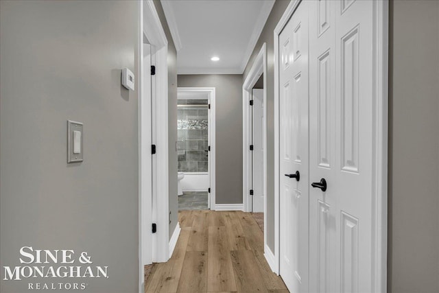 1319 S River Pointe Dr, Saint Clair, MI 48079 - hallway featuring crown molding, light wood-style floors, and recessed lighting