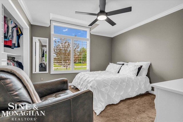 1319 S River Pointe Dr, Saint Clair, MI 48079 - carpeted bedroom with crown molding and ceiling fan