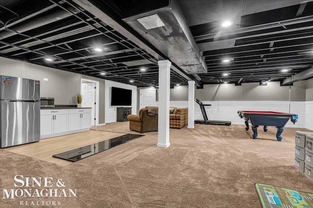 1319 S River Pointe Dr, Saint Clair, MI 48079 - finished below grade area with freestanding refrigerator, light carpet, billiards table, and a wainscoted wall