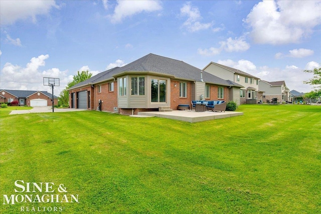 1319 S River Pointe Dr, Saint Clair, MI 48079 - rear view of property featuring an outdoor living space, a lawn, brick siding, a garage, and a patio area
